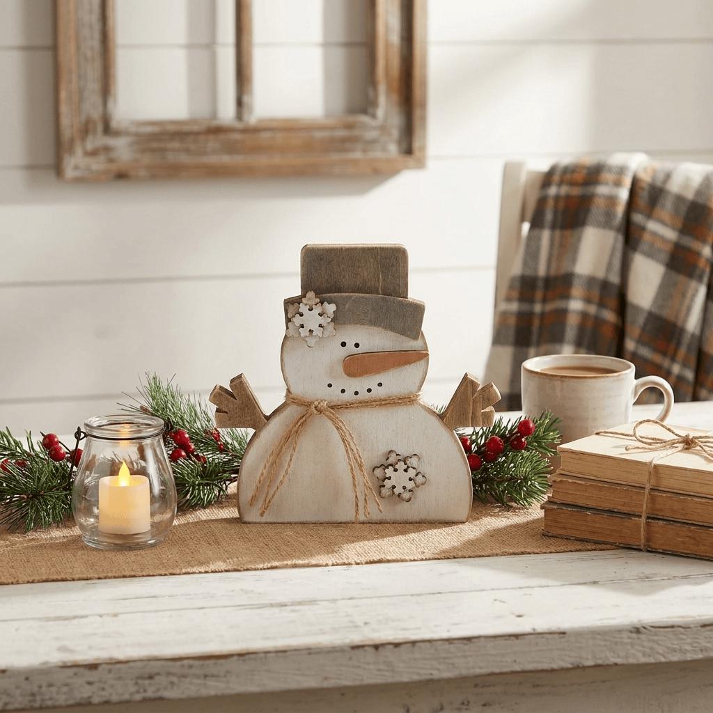 Chunky Wooden Snowman Shelf Sitter | Rustic Farmhouse Christmas Decor | Winter Shelf Decor | Holiday Gift - TheGrumpyRooster