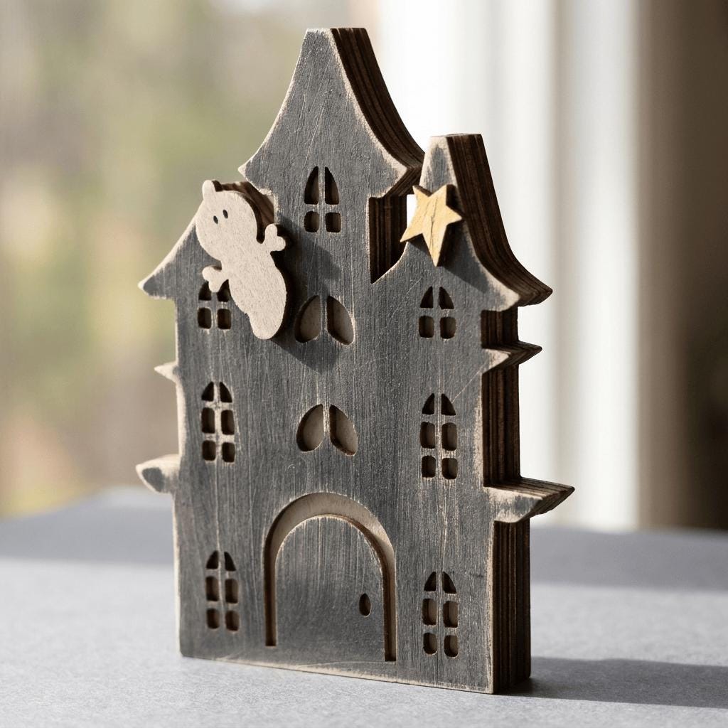 A wooden house-shaped object with a ghost and a star on top, sitting on a surface.