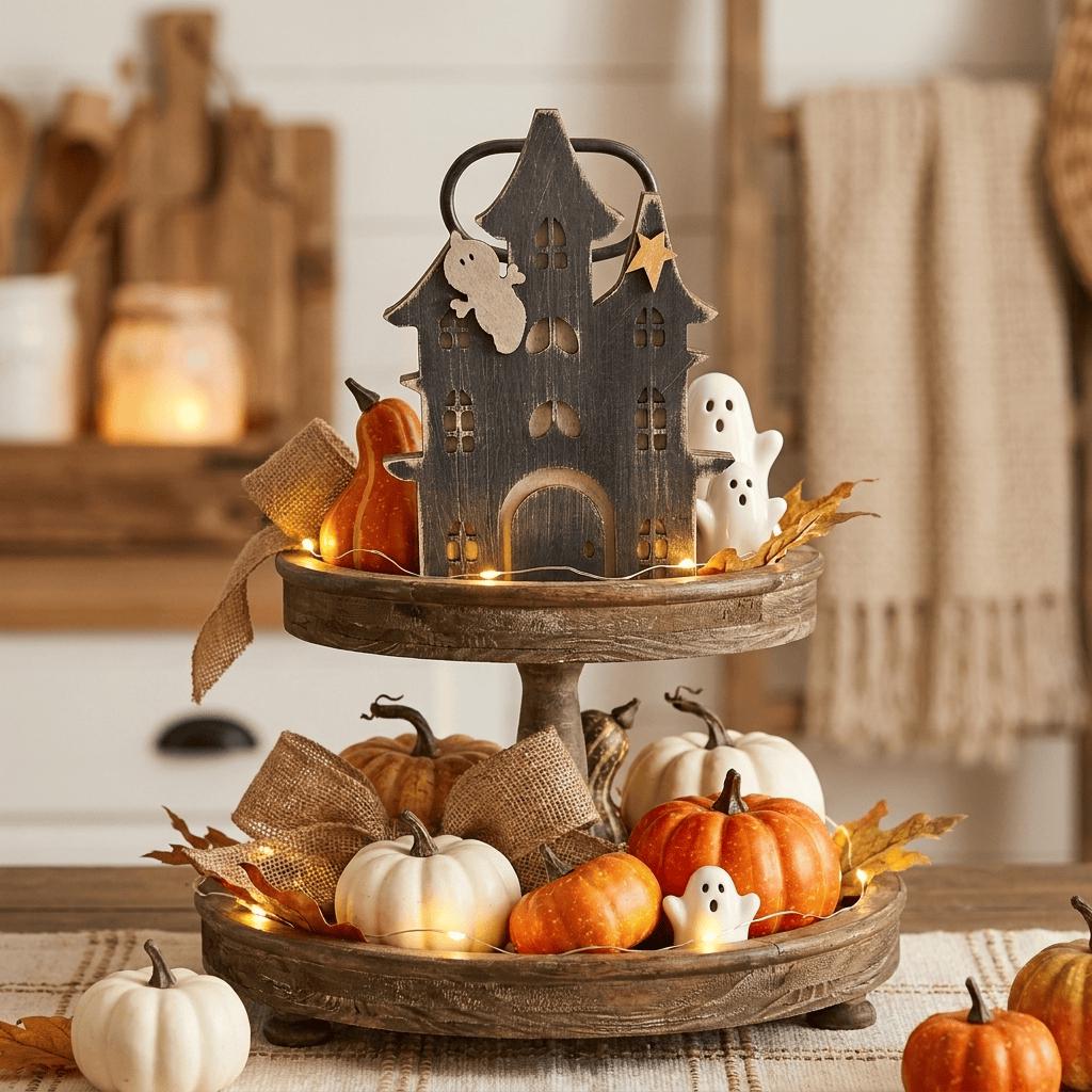 A rustic wooden tiered tray filled with Halloween decorations, including a carved wooden house, ghostly figures, and small pumpkins, sits on a table.