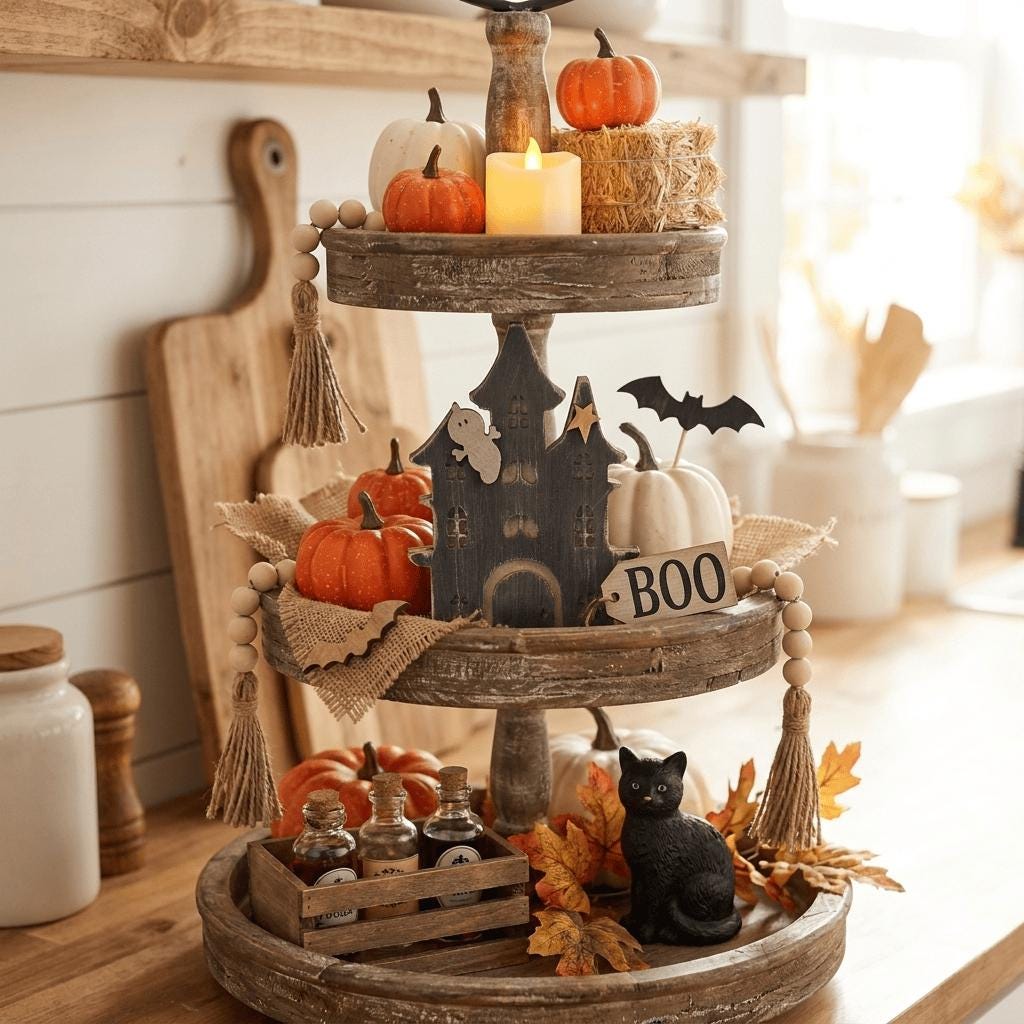 A tiered wooden tray display filled with Halloween decorations, including pumpkins, a candle, a bat, and a "BOO" sign.