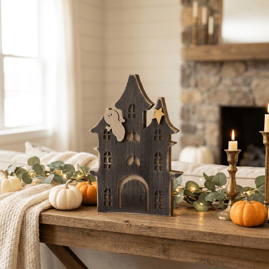 A wooden cutout house with a ghost and a star on top, surrounded by pumpkins and greenery, sits on a wooden table in a cozy living room.