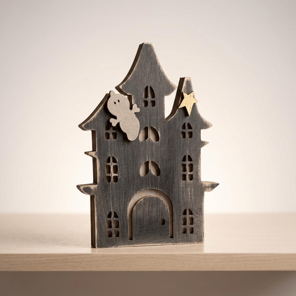 A wooden cutout of a house with a ghost and a star on top, sitting on a wooden surface.