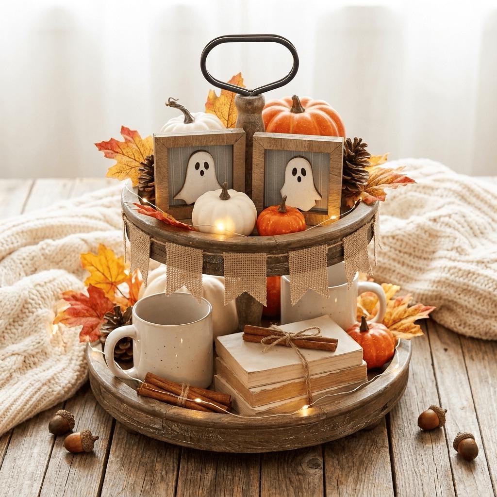 A rustic wooden tray filled with autumn decorations, including two small ghost figures, a mug, books, and cinnamon sticks, sits on a wooden surface.