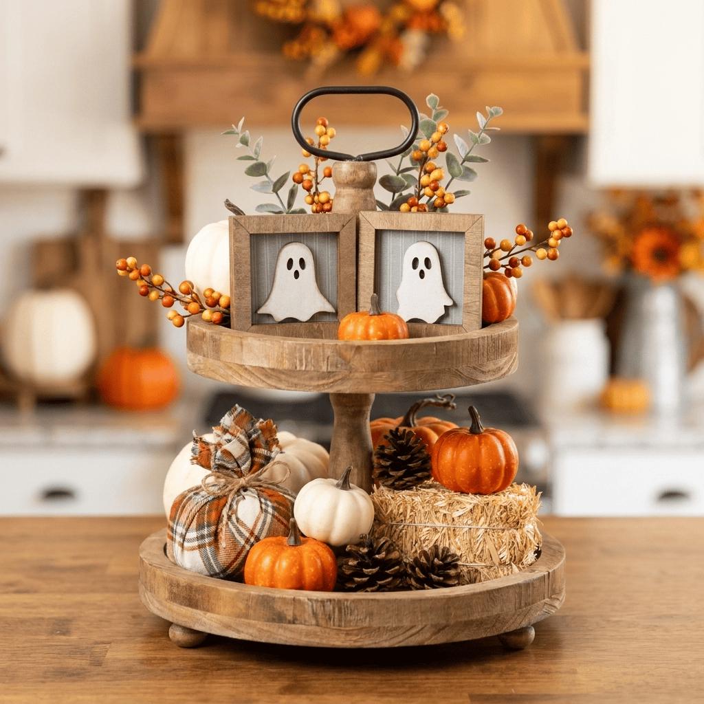 A wooden tiered tray filled with various fall decorations, including two framed ghost images, pumpkins, pine cones, and hay bales.