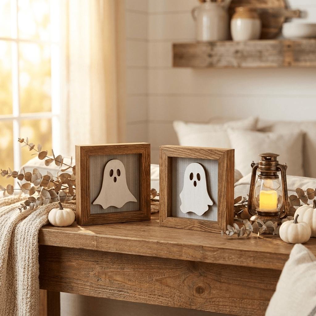 a wooden table with two framed ghost silhouettes, a lantern, and some pumpkins, creating a Halloween-themed display.
