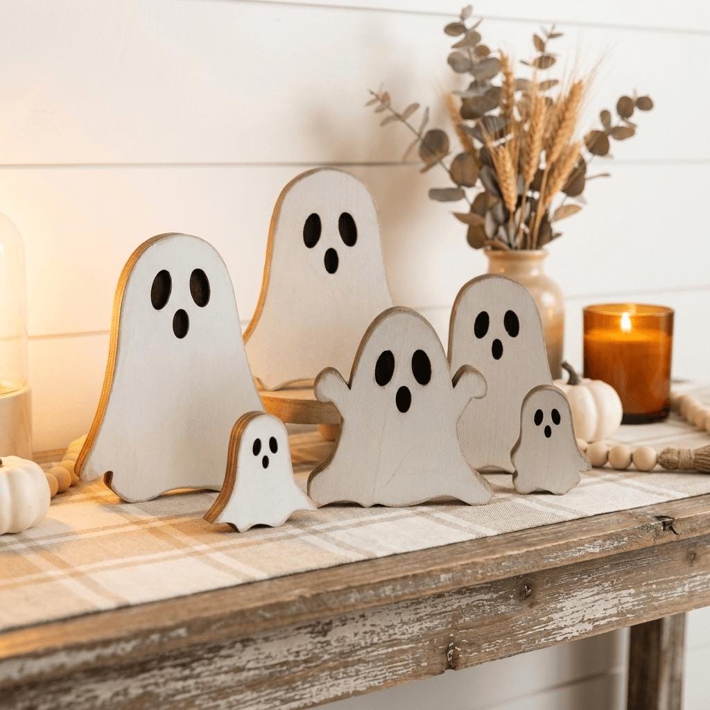 a collection of wooden ghost decorations arranged on a wooden table, with a vase of dried flowers and a lit candle in the background.