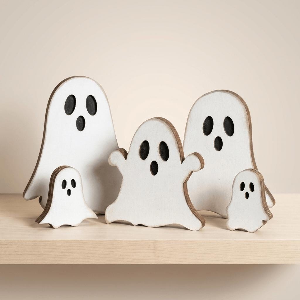 A group of five white ghost-shaped figures with black eyes and mouths are arranged on a light-colored wooden surface.