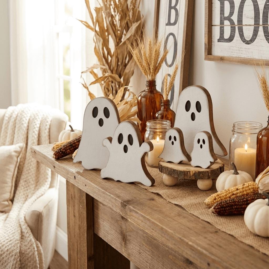 a table decorated for Halloween with various ghost-themed items, including wooden cutouts and a vase with dried wheat stalks. The table is set against a backdrop of a window and a wall with a "BOO" sign, creating a spooky and festive atmosphere.