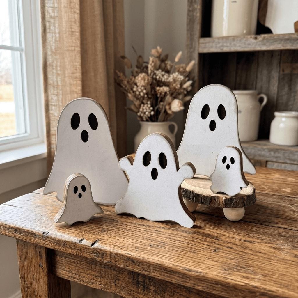 a group of five white ghost-shaped cutouts arranged on a wooden surface, with a vase of flowers in the background.