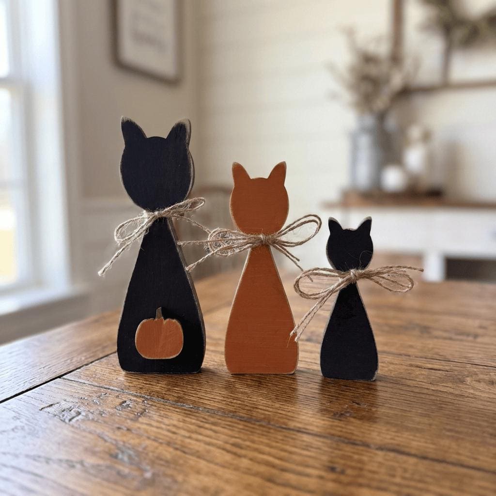 Three wooden cat figurines are arranged on a wooden table, each with a pumpkin attached to their backs.