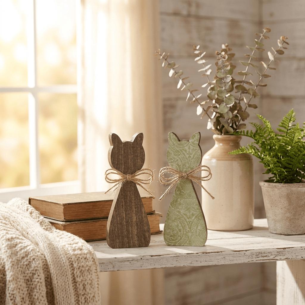 two wooden cat figurines, one brown and one green, sitting on a white shelf next to a vase with greenery and a stack of books.
