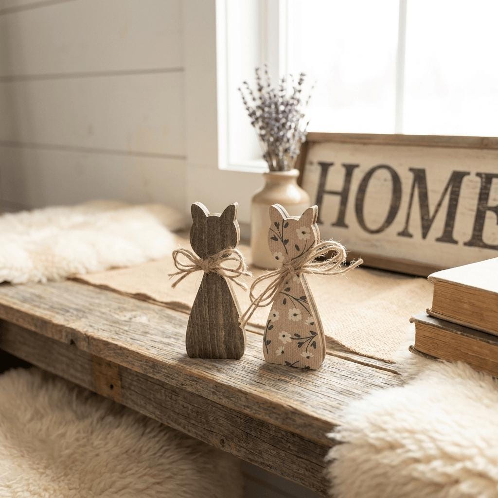 two wooden cat figurines tied together with twine, placed on a wooden surface next to a wooden sign that says "HOME". There is also a vase with flowers and a stack of books in the background.