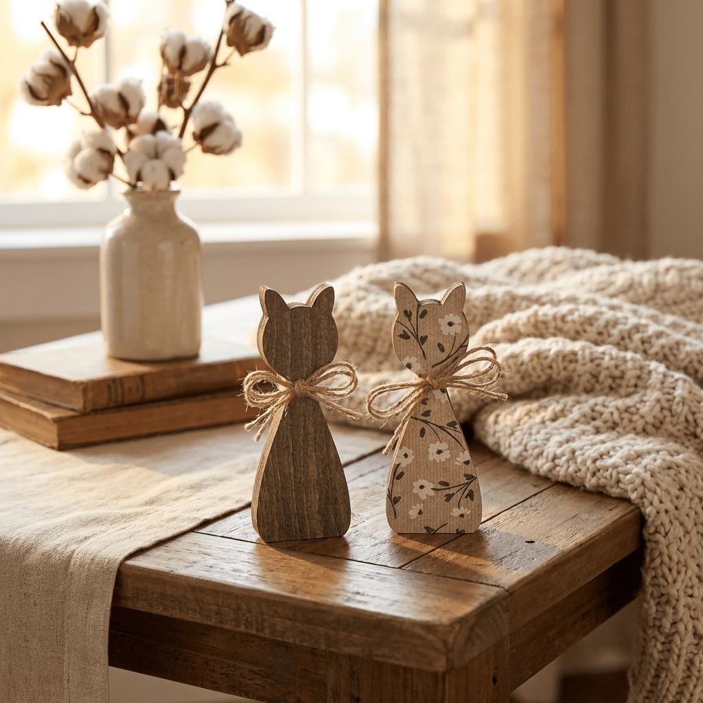 two wooden cat figurines sitting on a wooden table, with a vase of cotton flowers and a blanket nearby.
