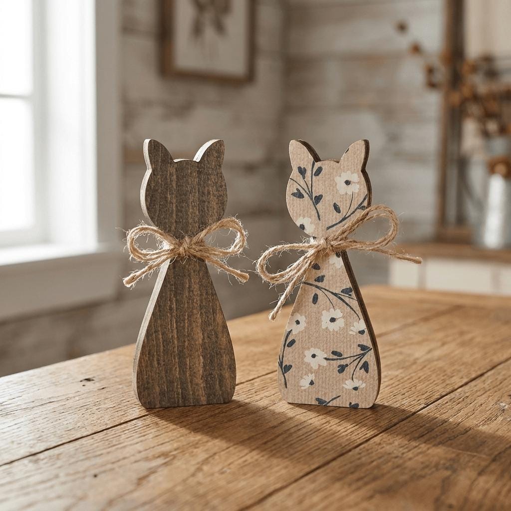 Two wooden cat figurines, one with a floral pattern and the other with a simple design, are tied together with twine on a wooden surface.