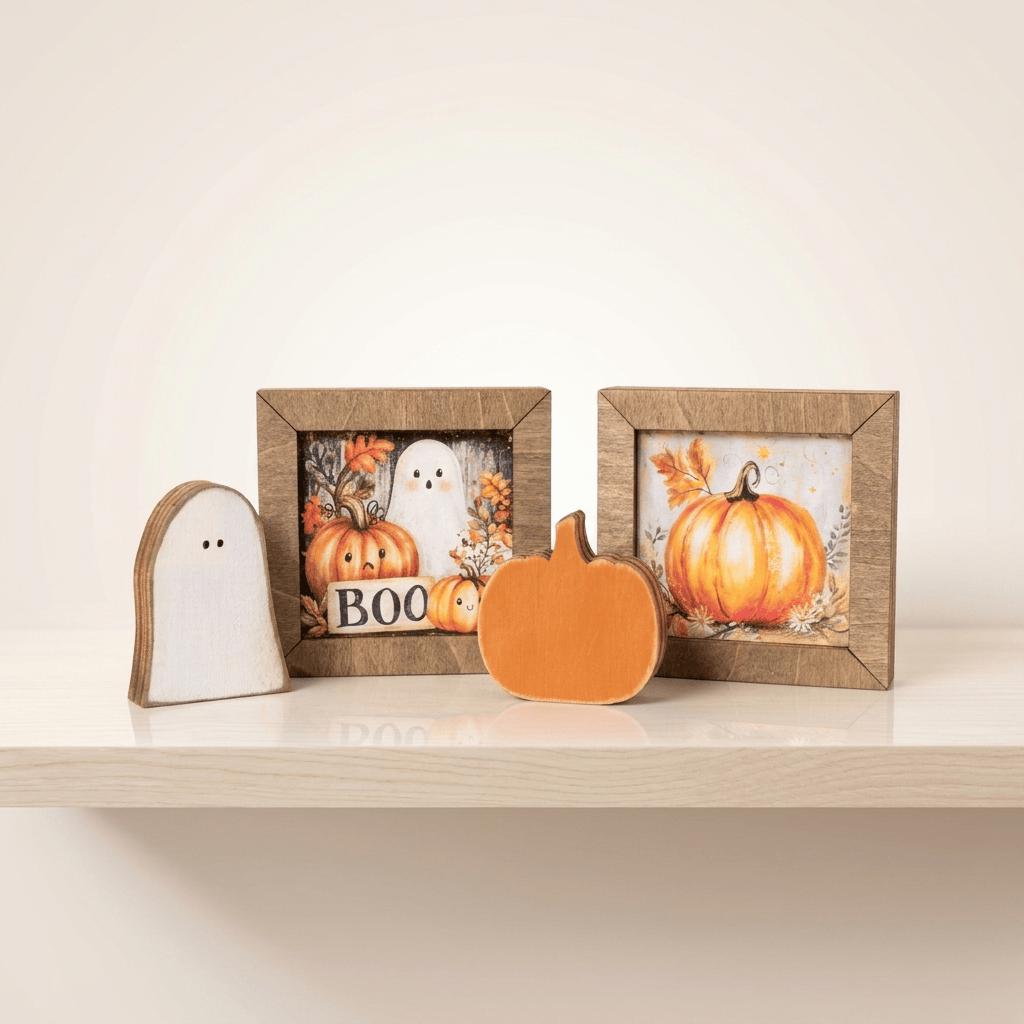 Mini Halloween Decor Set | Pumpkin Ghost Shelf Sitters & Framed Art | Farmhouse Fall Decor | Halloween Gift - TheGrumpyRooster