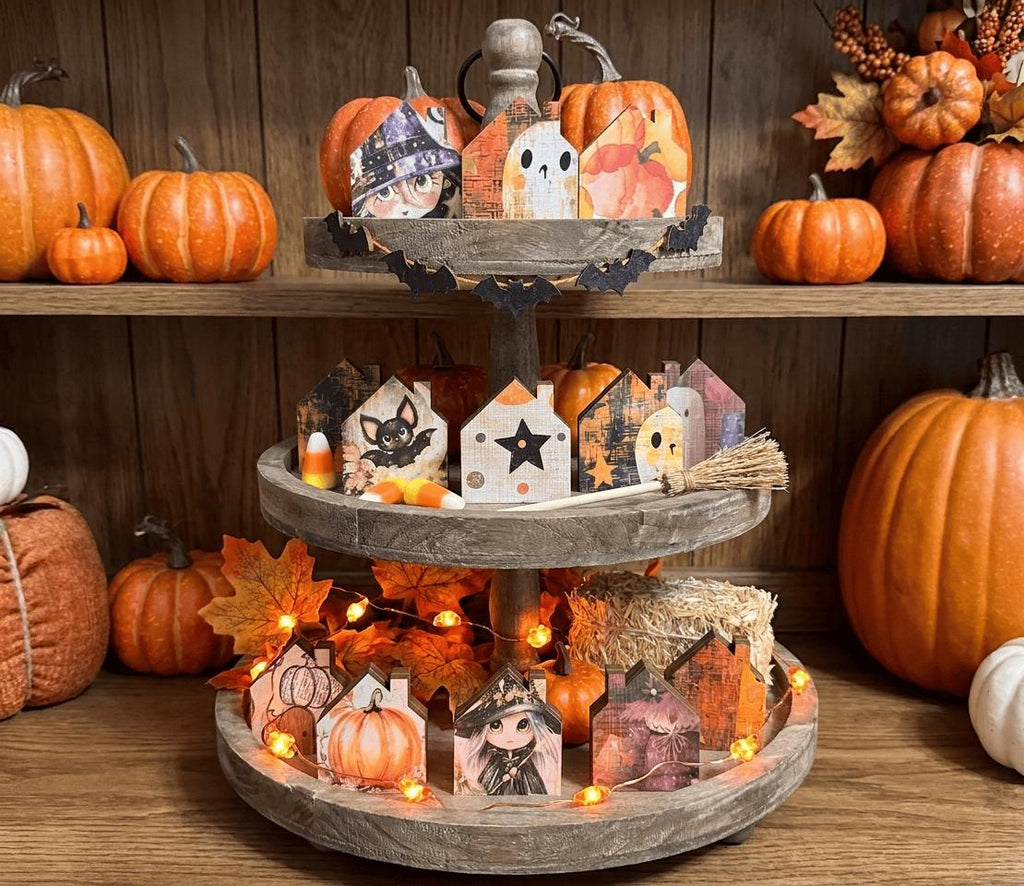 Mystery Tiny Halloween Houses | Mini Wood Shelf Sitters | Fall Tiered Tray Decor | Spooky Miniature House Set - TheGrumpyRooster
