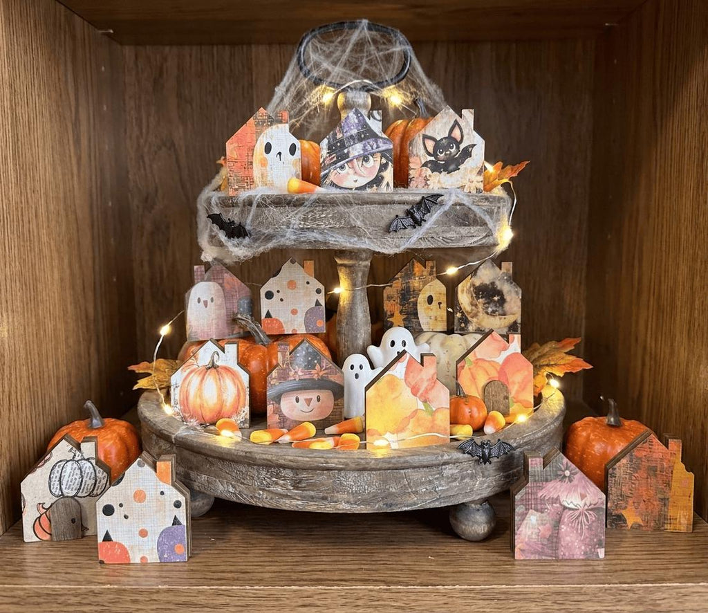 Mystery Tiny Halloween Houses | Mini Wood Shelf Sitters | Fall Tiered Tray Decor | Spooky Miniature House Set - TheGrumpyRooster