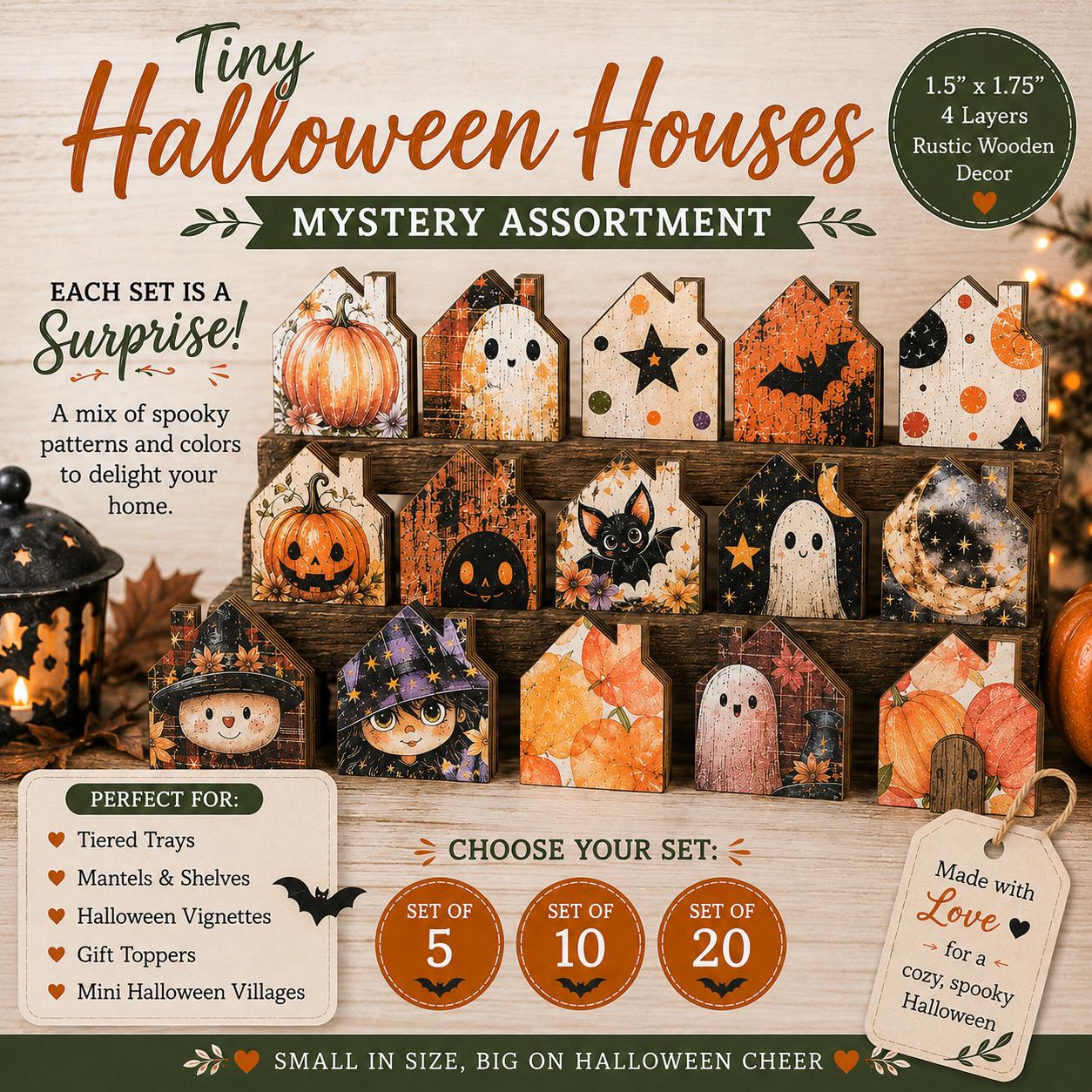 Mystery Tiny Halloween Houses | Mini Wood Shelf Sitters | Fall Tiered Tray Decor | Spooky Miniature House Set - TheGrumpyRooster