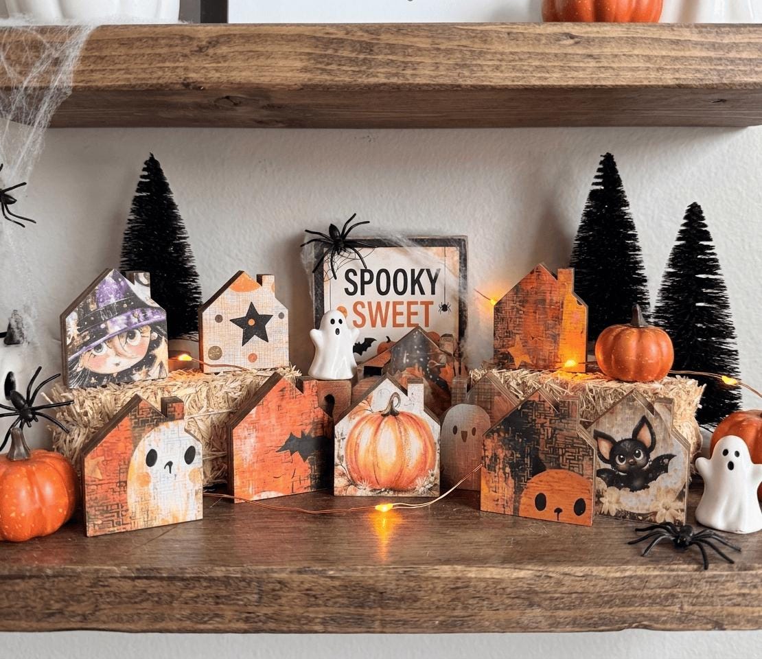 Mystery Tiny Halloween Houses | Mini Wood Shelf Sitters | Fall Tiered Tray Decor | Spooky Miniature House Set - TheGrumpyRooster