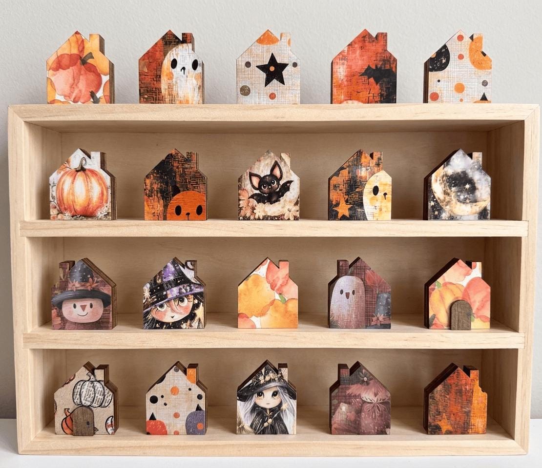 Mystery Tiny Halloween Houses | Mini Wood Shelf Sitters | Fall Tiered Tray Decor | Spooky Miniature House Set - TheGrumpyRooster