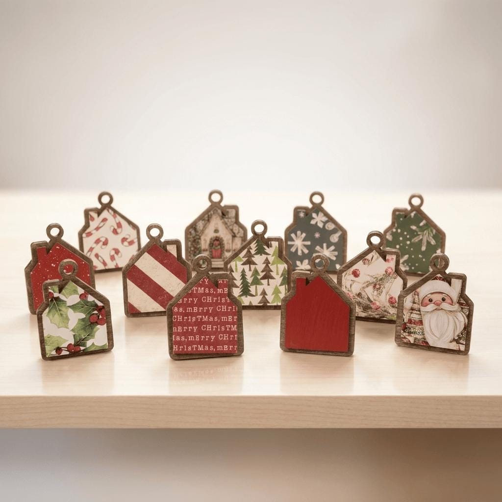 Reversible Tiny Christmas House Ornaments | Mystery Ornament Set | Mini Wood Christmas Decor | Christmas Gift - TheGrumpyRooster