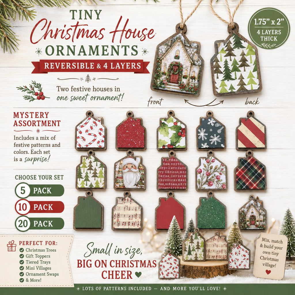 Reversible Tiny Christmas House Ornaments | Mystery Ornament Set | Mini Wood Christmas Decor | Christmas Gift - TheGrumpyRooster