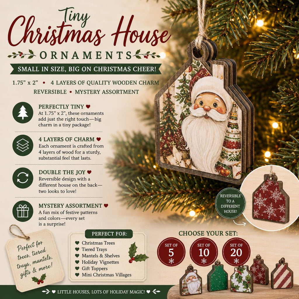 Reversible Tiny Christmas House Ornaments | Mystery Ornament Set | Mini Wood Christmas Decor | Christmas Gift - TheGrumpyRooster