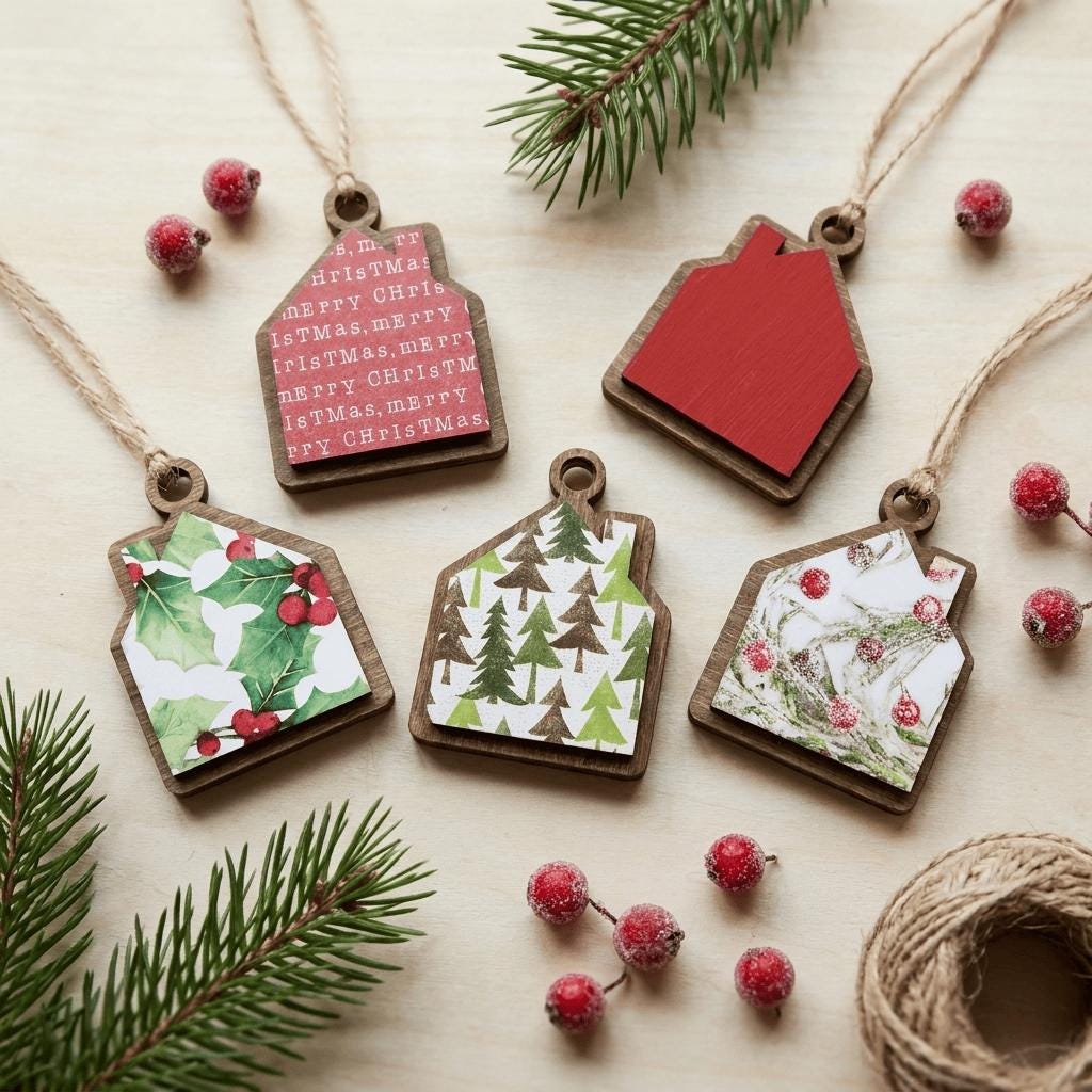 Reversible Tiny Christmas House Ornaments | Mystery Ornament Set | Mini Wood Christmas Decor | Christmas Gift - TheGrumpyRooster