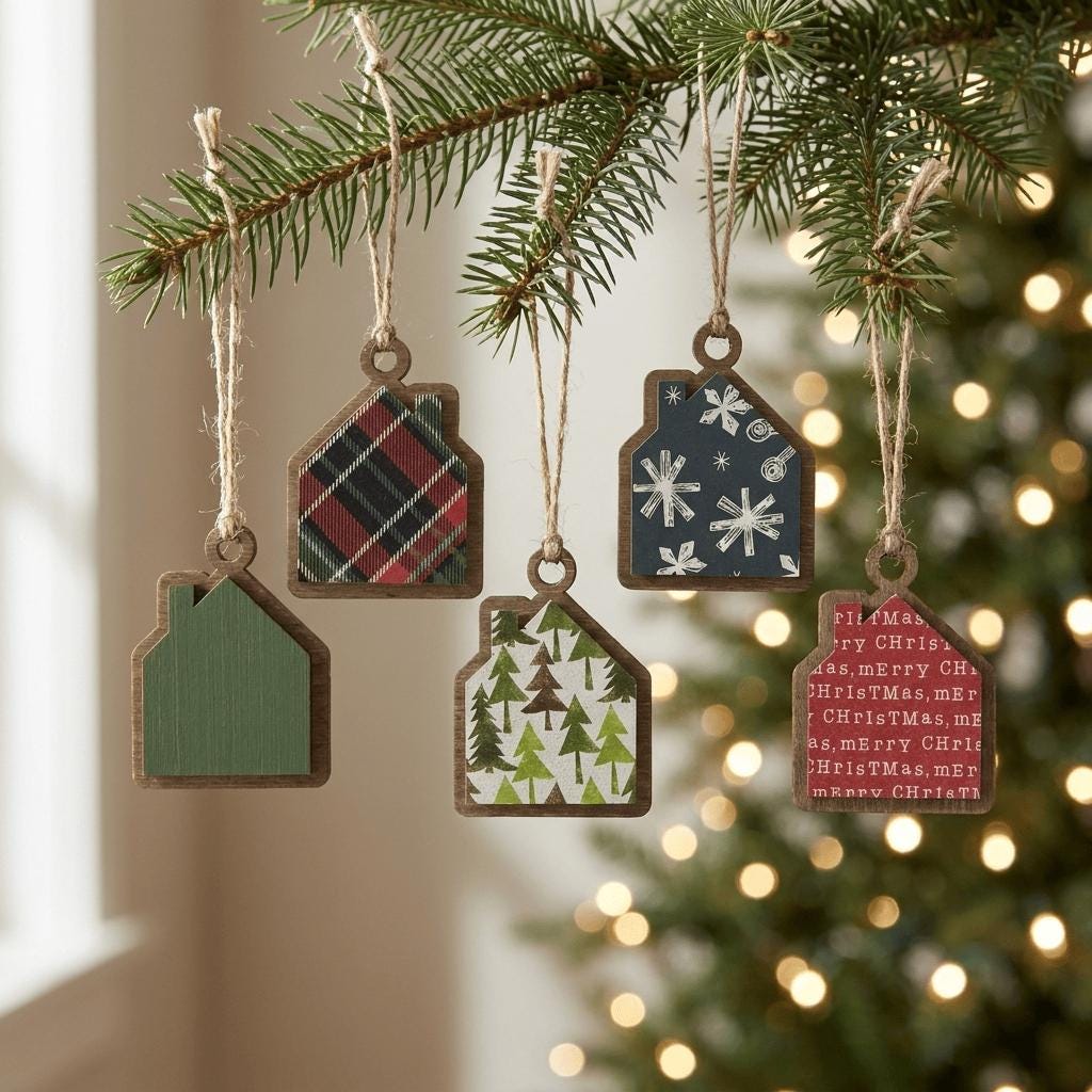 Reversible Tiny Christmas House Ornaments | Mystery Ornament Set | Mini Wood Christmas Decor | Christmas Gift - TheGrumpyRooster