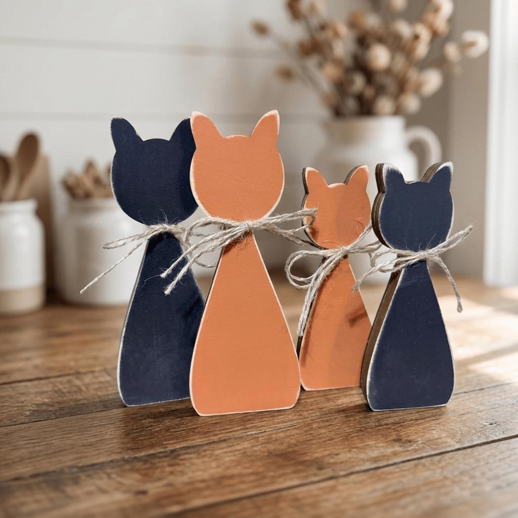 Three wooden cat figurines are arranged on a wooden surface, with one cat in blue, one in orange, and one in black.