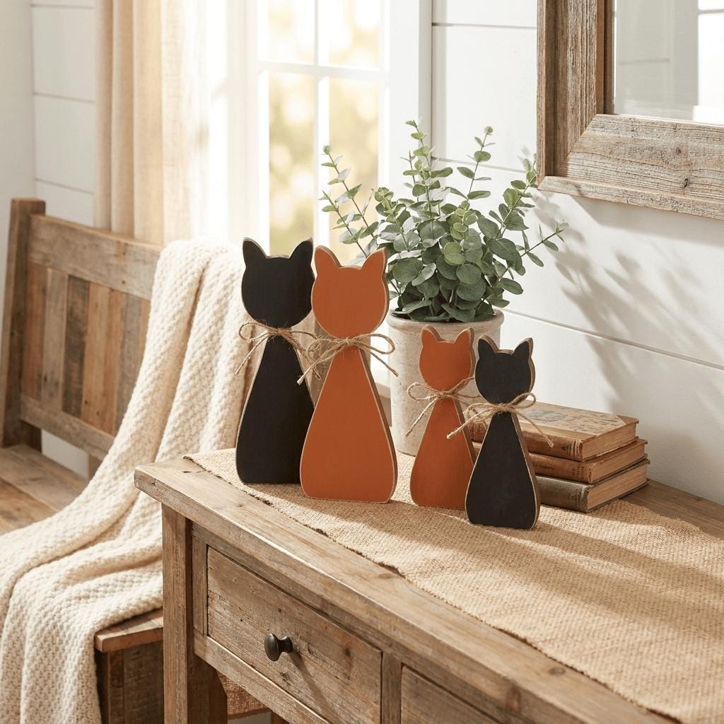 a wooden table with three cat-shaped ornaments in black, orange, and brown colors, placed on a burlap runner. The table is set against a backdrop of a window and a plant, creating a cozy and rustic atmosphere.