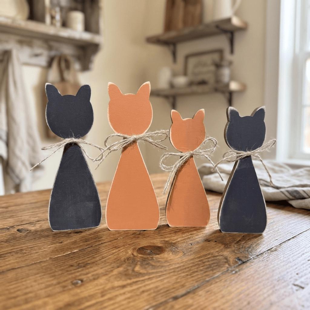 four wooden cat figurines arranged on a wooden surface, with each cat having a different color: black, orange, and gray.