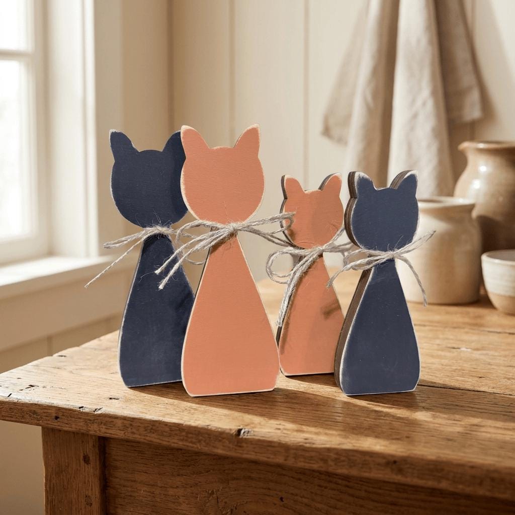 a wooden table with four wooden cat figurines, each with a unique color and size, arranged in a row.