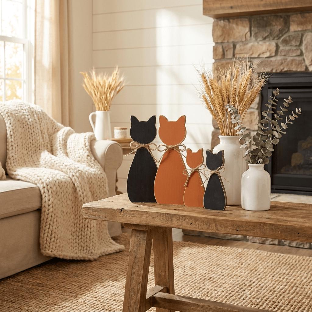 a cozy living room with a wooden coffee table in the center, adorned with three cat-shaped ornaments in different sizes. The table is surrounded by a beige couch, a white fireplace, and a window with a white curtain. The room is decorated with a rustic touch, including a vase of wheat stalks and some greenery.