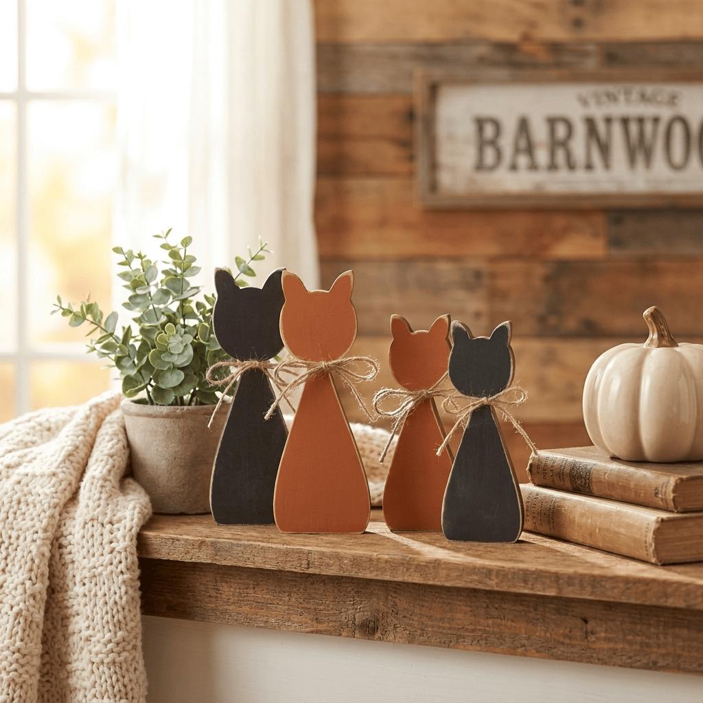 a rustic wooden shelf with a potted plant, books, and three wooden cat figurines. The shelf is set against a backdrop of a wooden wall with a sign that reads "Barnwood".