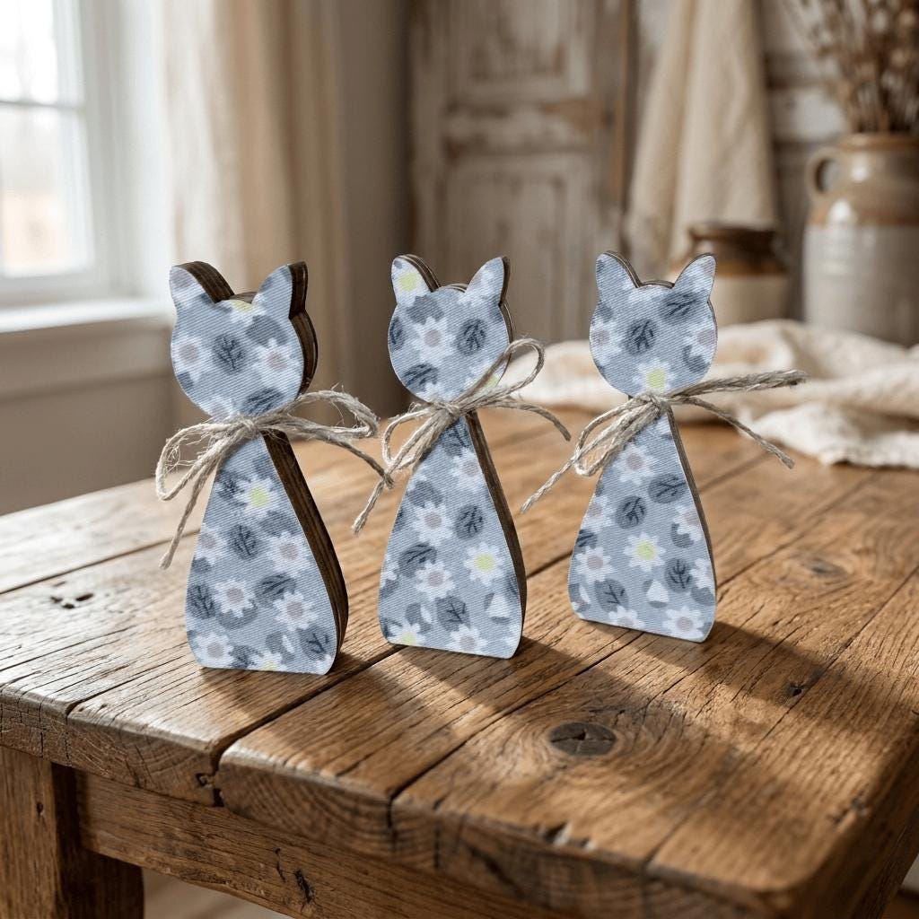 Three wooden cat-shaped ornaments with floral patterns are arranged on a wooden table.