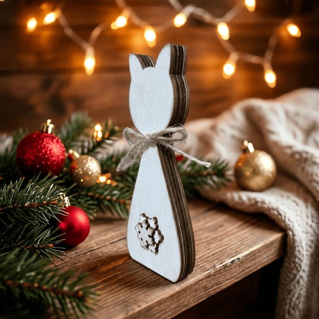 A wooden cat-shaped ornament is displayed on a wooden surface, surrounded by Christmas decorations such as ornaments and twinkling lights.
