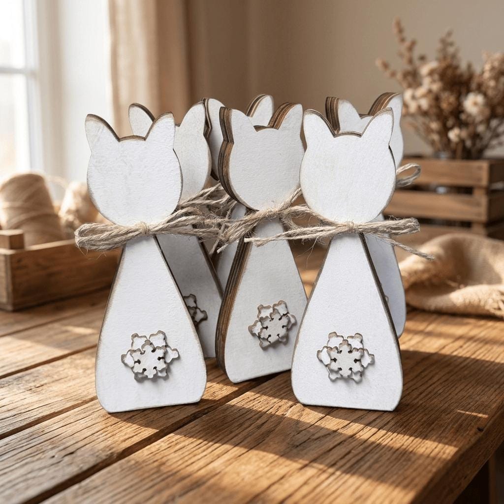 A group of white wooden cat-shaped ornaments with snowflake designs, tied together with twine, arranged on a wooden surface.