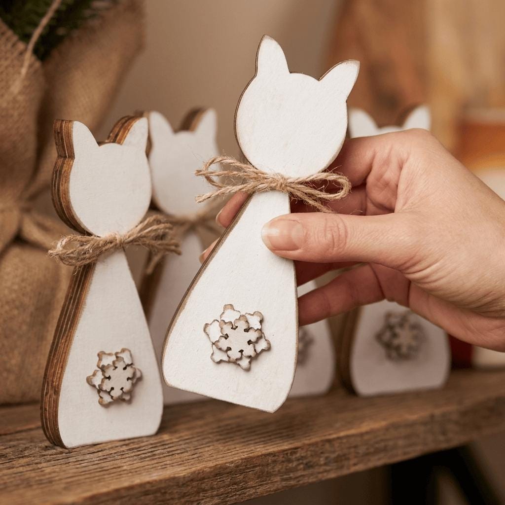 A hand is holding a white wooden cat figurine with a snowflake design on it, which is placed on a wooden surface.