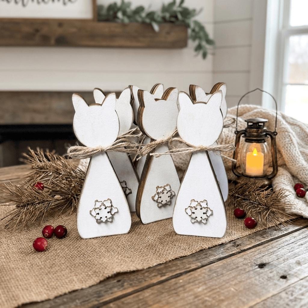 a rustic wooden table with several white wooden cat-shaped ornaments, a lit candle, and some pine branches and berries.