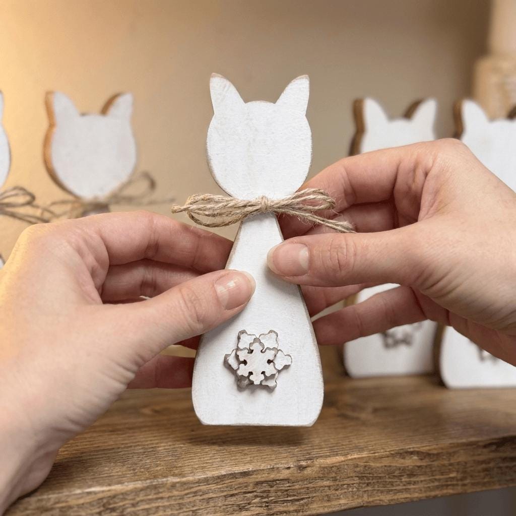 A pair of hands holding a white wooden cat figurine with a small snowflake decoration on its back.