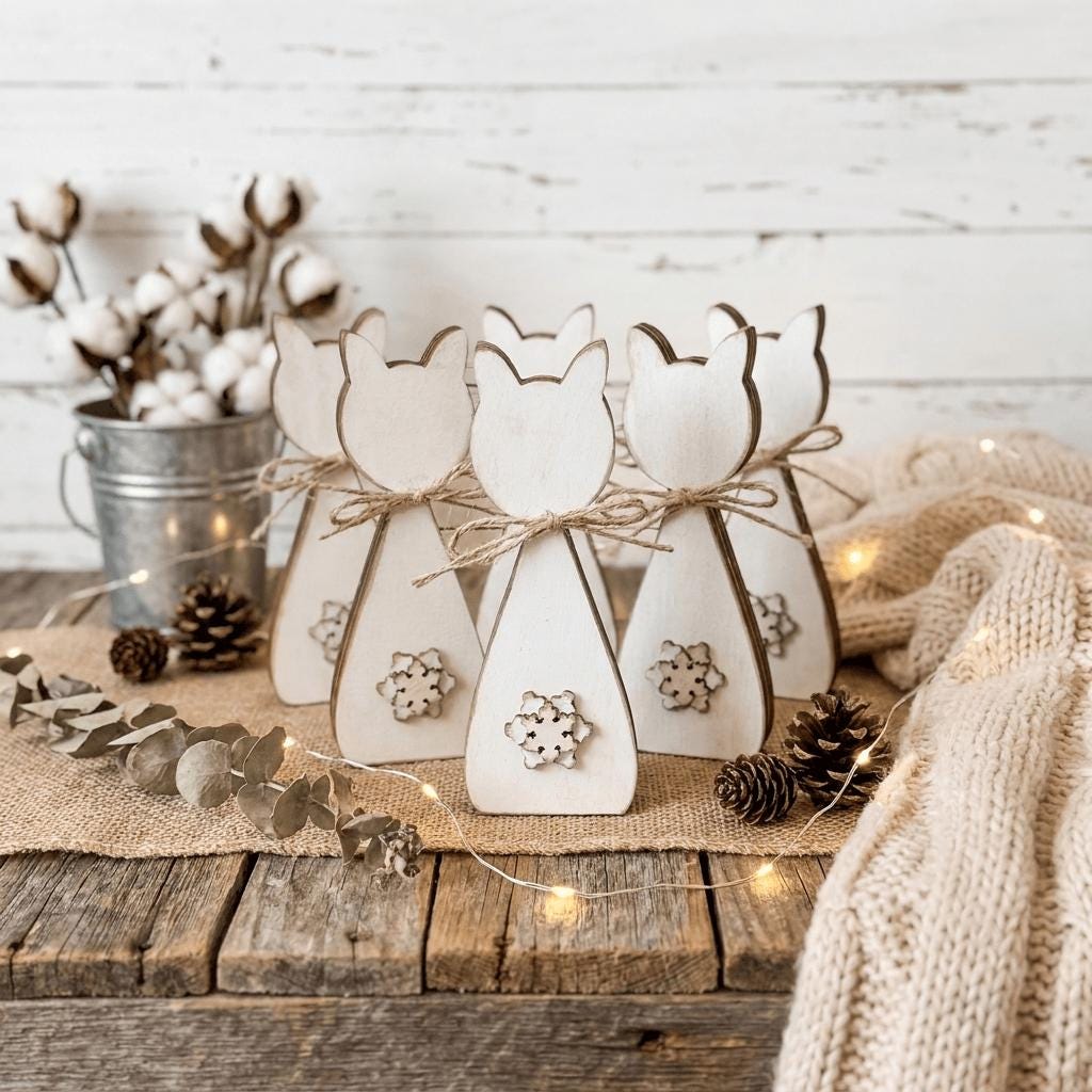 a rustic wooden cat decoration set up on a wooden table, surrounded by pine cones, a burlap cloth, and twinkling lights.