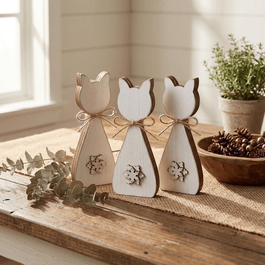 Three white wooden cat figurines are arranged on a wooden table, with a potted plant and pine cones nearby.