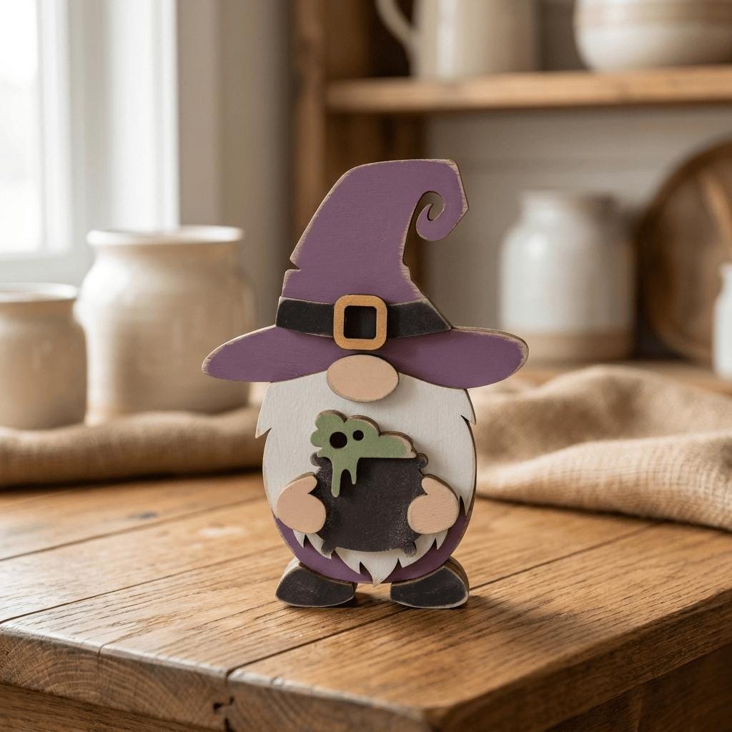 A wooden gnome figurine wearing a purple hat and holding a pot with a green substance inside, sitting on a wooden surface.