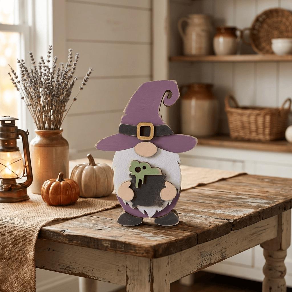 A wooden gnome figure wearing a purple hat and holding a pumpkin is displayed on a wooden table, surrounded by various Halloween decorations and items.