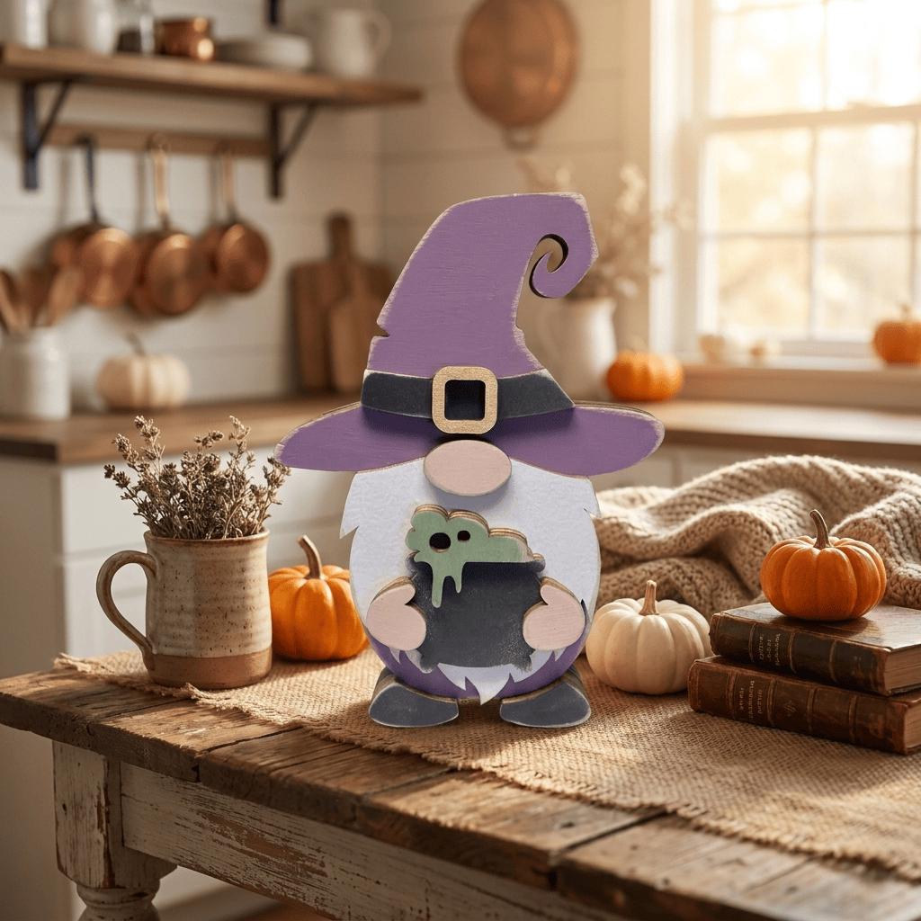 A wooden gnome figure wearing a purple hat and holding a cauldron is displayed on a wooden table, surrounded by pumpkins, books, and other Halloween decorations.