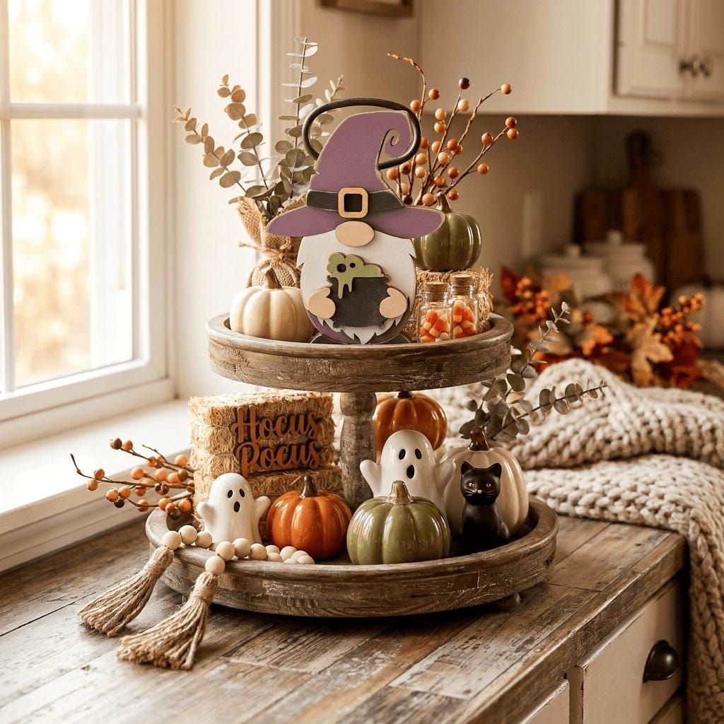 A Halloween-themed wooden tray with various decorations, including a witch's hat, pumpkins, and other seasonal items, placed on a kitchen counter.