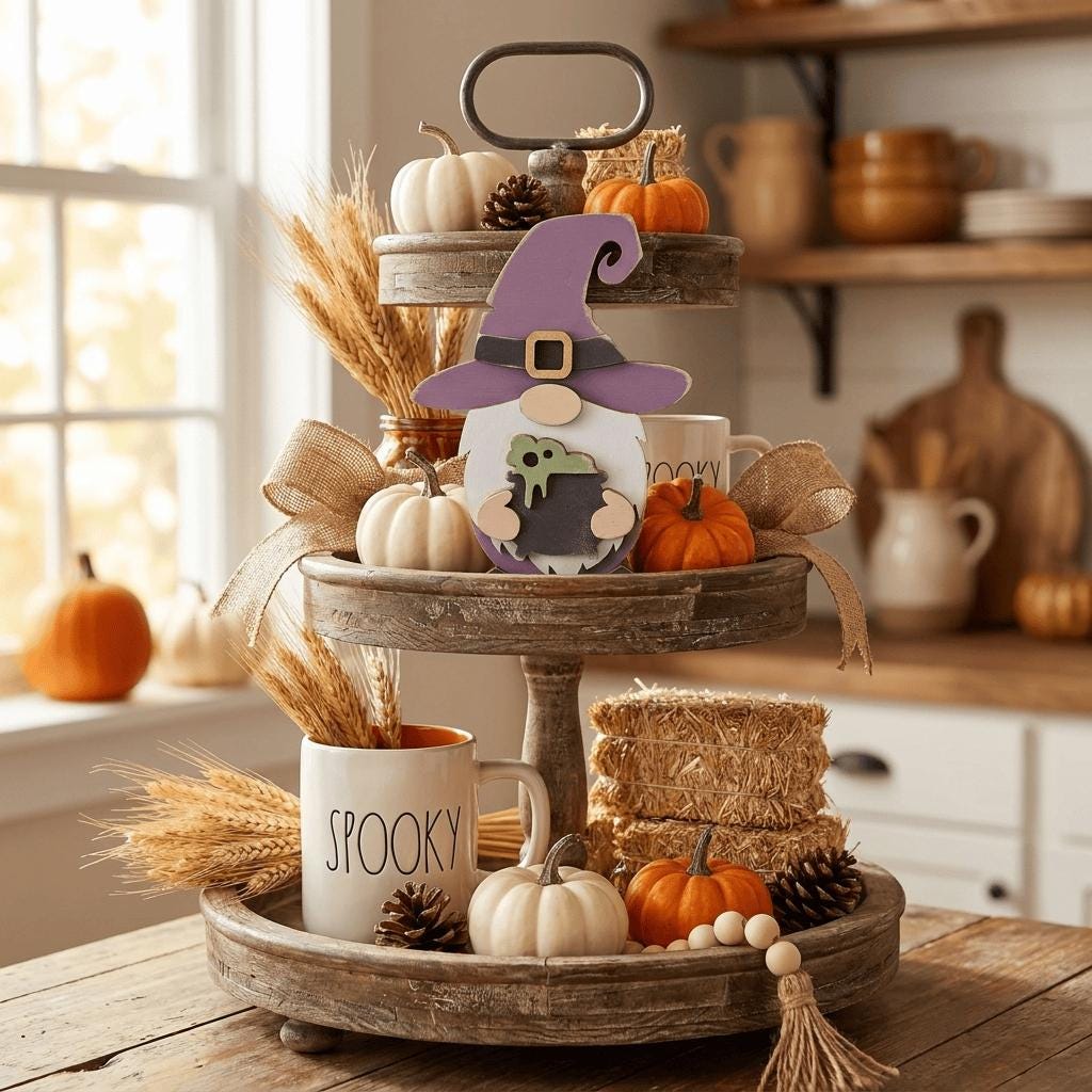 A tiered wooden tray filled with Halloween decorations, including a witch's hat, gourds, and other seasonal items, placed on a wooden table.