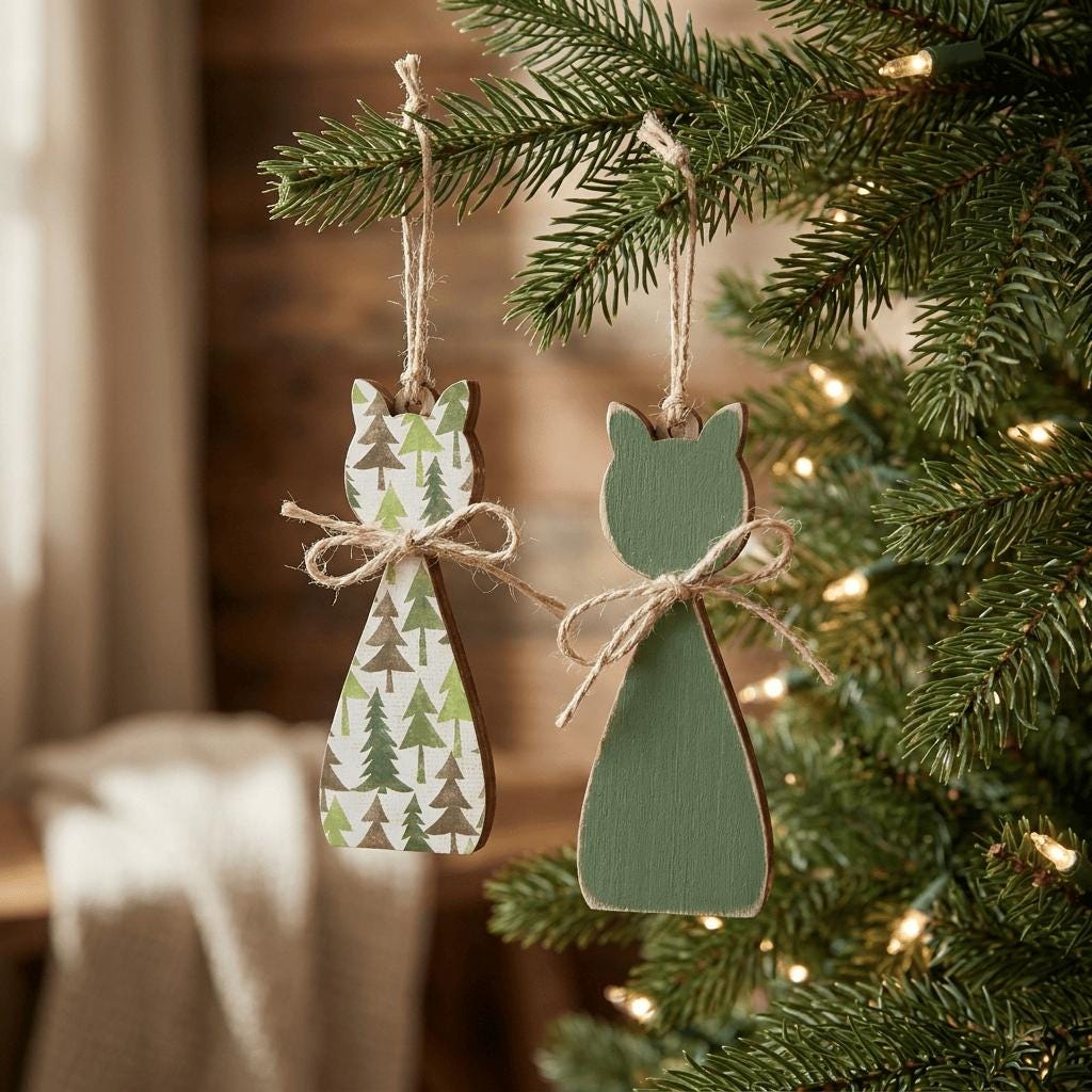 Woodland Cat Christmas Ornaments Set of 2 | Rustic Wood Cat Decor | Farmhouse Tree Ornaments | Nordic Holiday Gift - TheGrumpyRooster