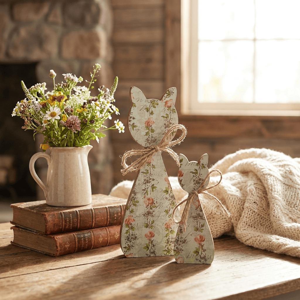 Floral Wood Cat Shelf Sitters Set of 2 | Farmhouse Cat Decor | Cottagecore Wooden Cats | Pet Lover Home Decor - TheGrumpyRooster